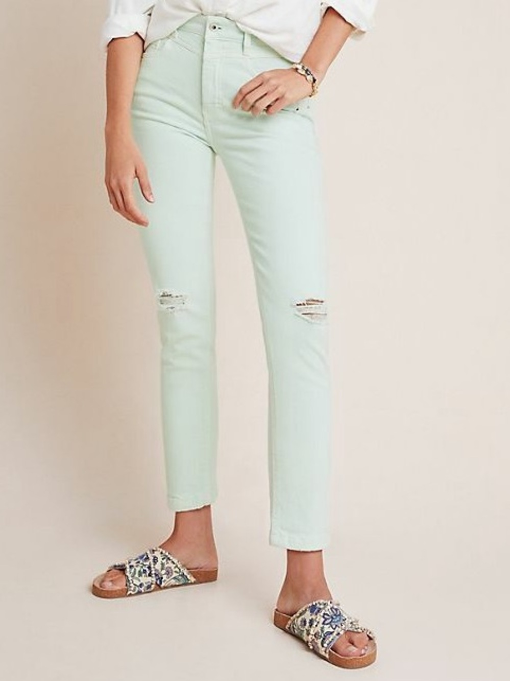 Anthropologie Mint Green Cropped Distressed Jeans